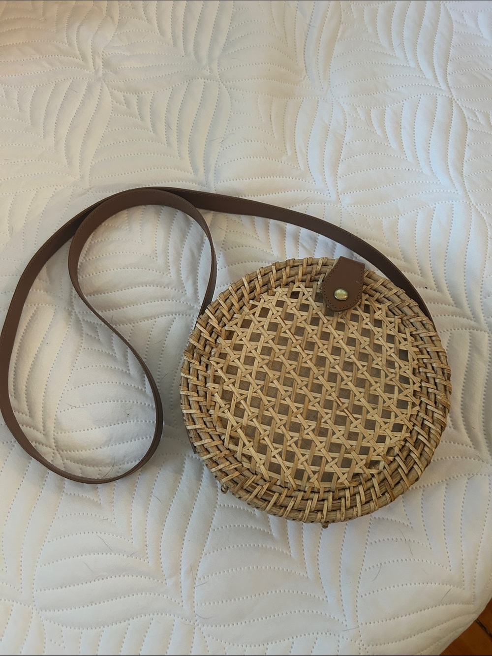 J. Crew Round Woven Crossbody in Natural and Brown Faux Leather